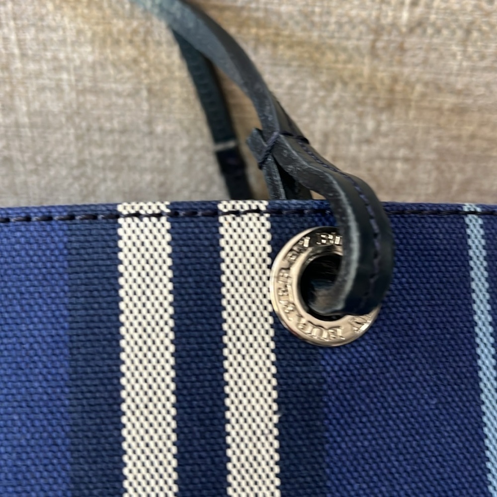 Burberry Navy Blue Striped Tote with Black Leather Pocket - Picture 3 of 12